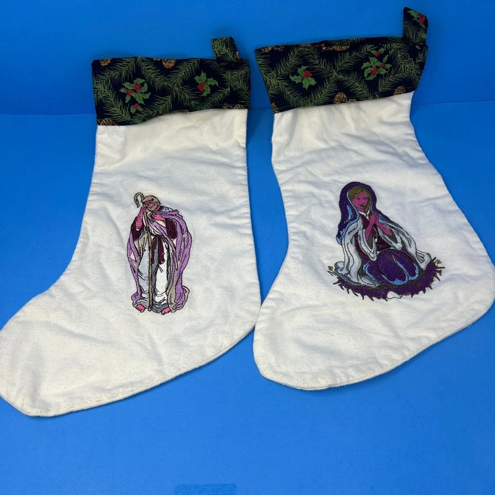 Christmas Stockings White Vintage Mary Joseph Embroidered Nativity Religious Set